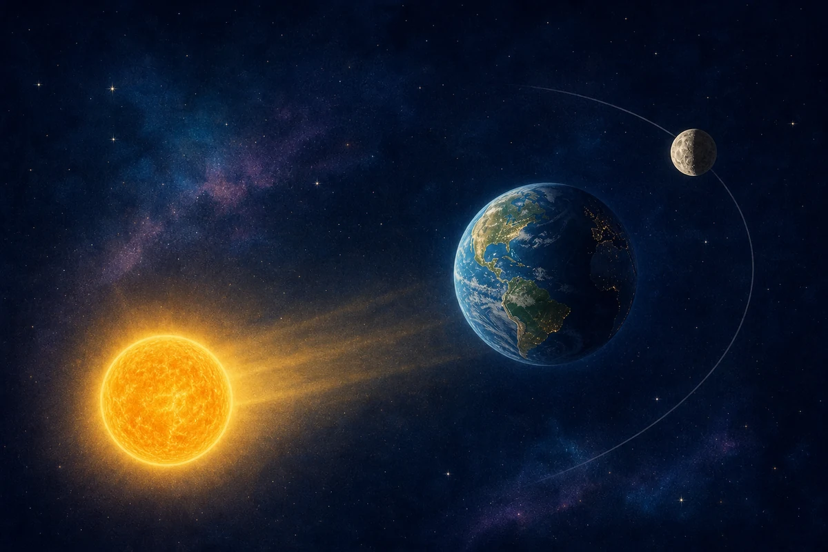 太陽からの光で昼夜が分かれる地球と照らされる月