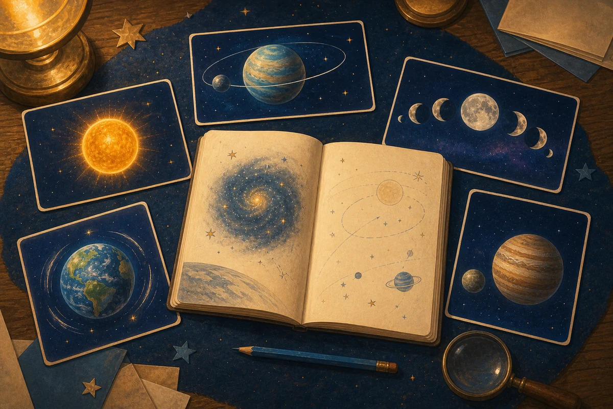 星、軌道、月、回転、衛星を絵で表したカードとノート