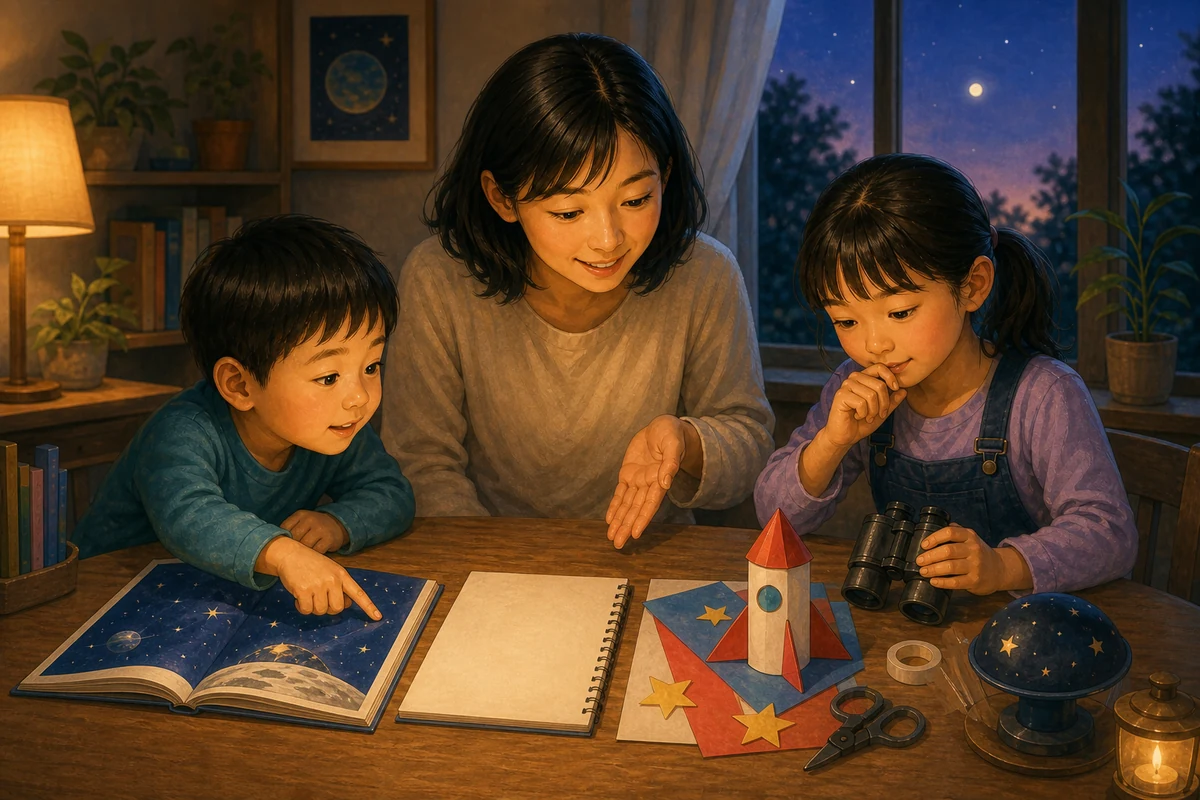 本や工作や観察道具から今日することを一つ選ぶ親子