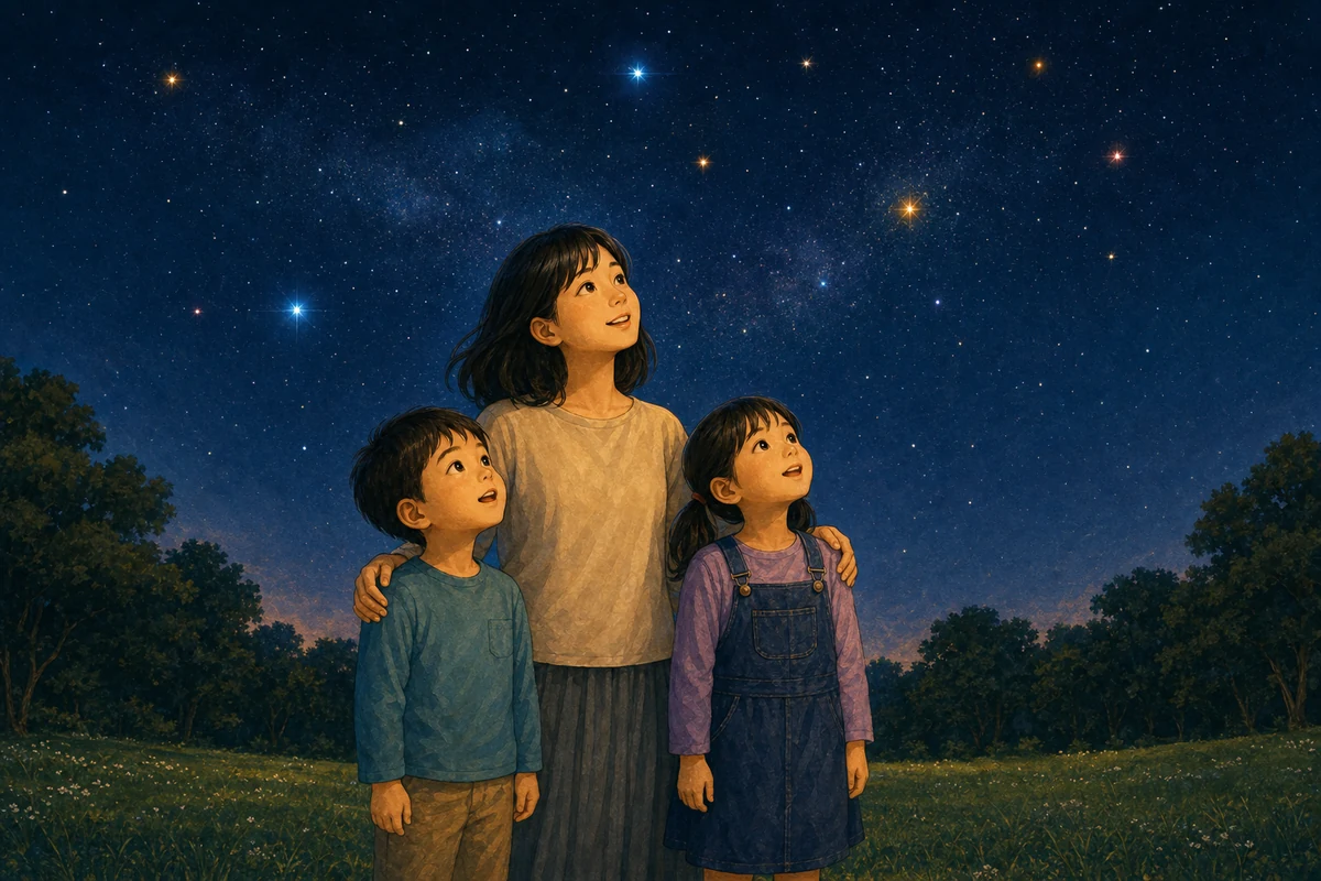 安全な草地で明るさや色の異なる星を見上げる親子